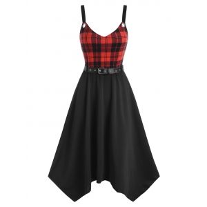 

Belted Plaid Grommet Handkerchief Dress, Black