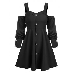 

Cold Shoulder Mock Button Flare Dress, Black