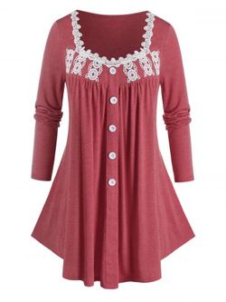 Plus Size Applique Panel Buttoned Curved Tunic Tee - RED - L