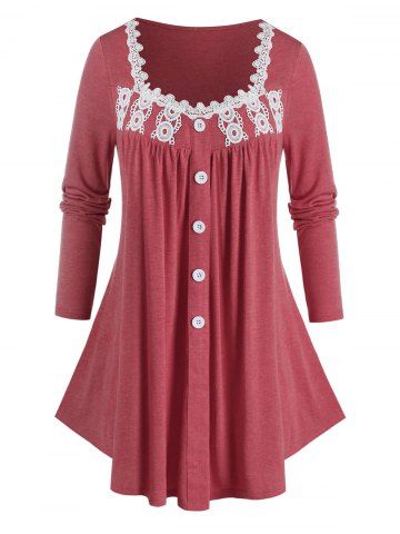 Plus Size Applique Panel Buttoned Curved Tunic Tee - RED - 1X