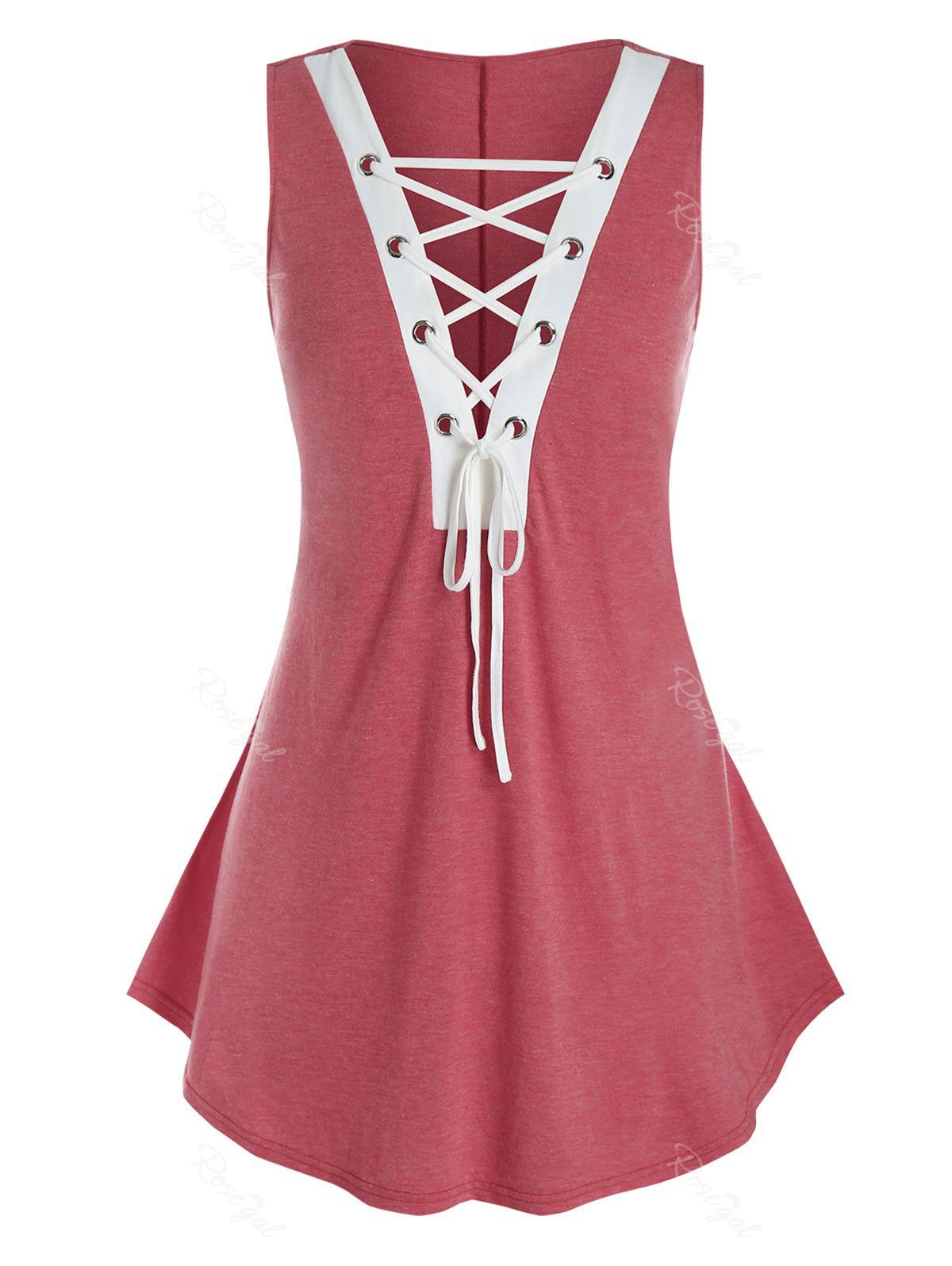 

Plus Size Colorblock Lace Up Tank Top, Valentine red