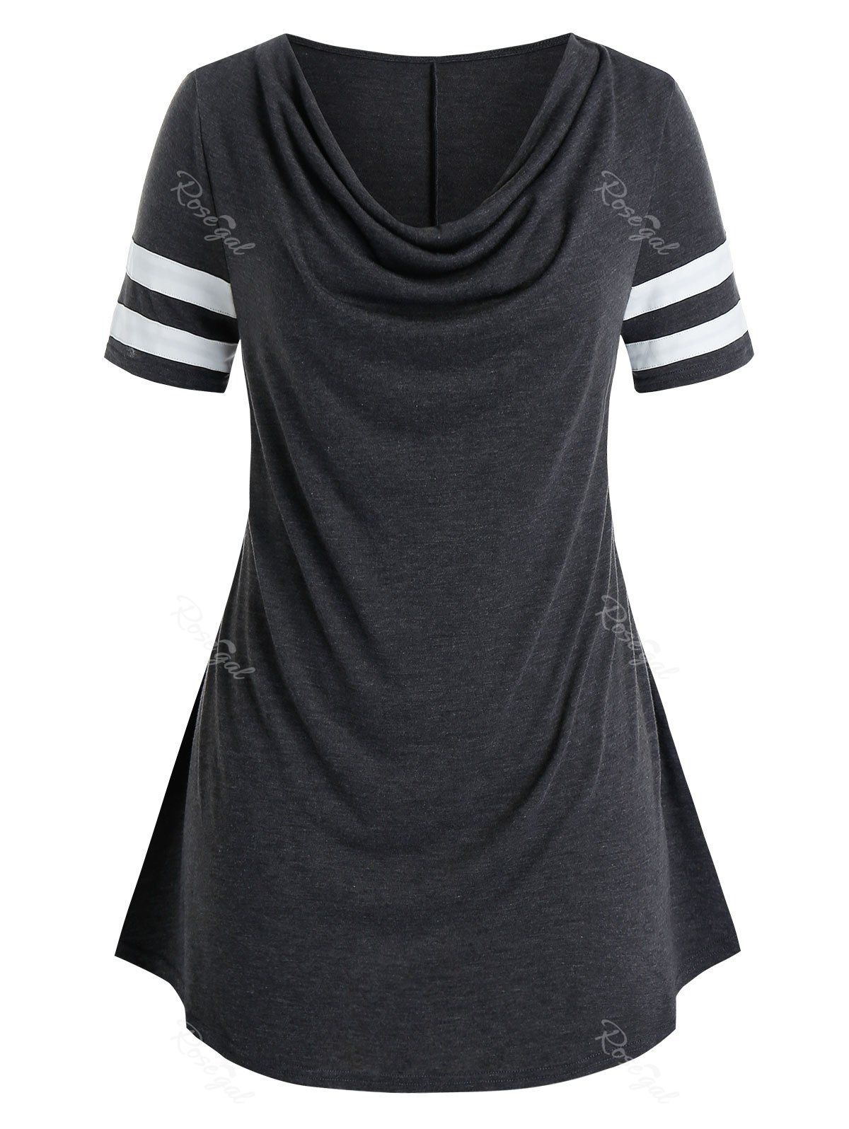 

Plus Size Stripe Sleeve Cowl Neck T Shirt, Ash gray