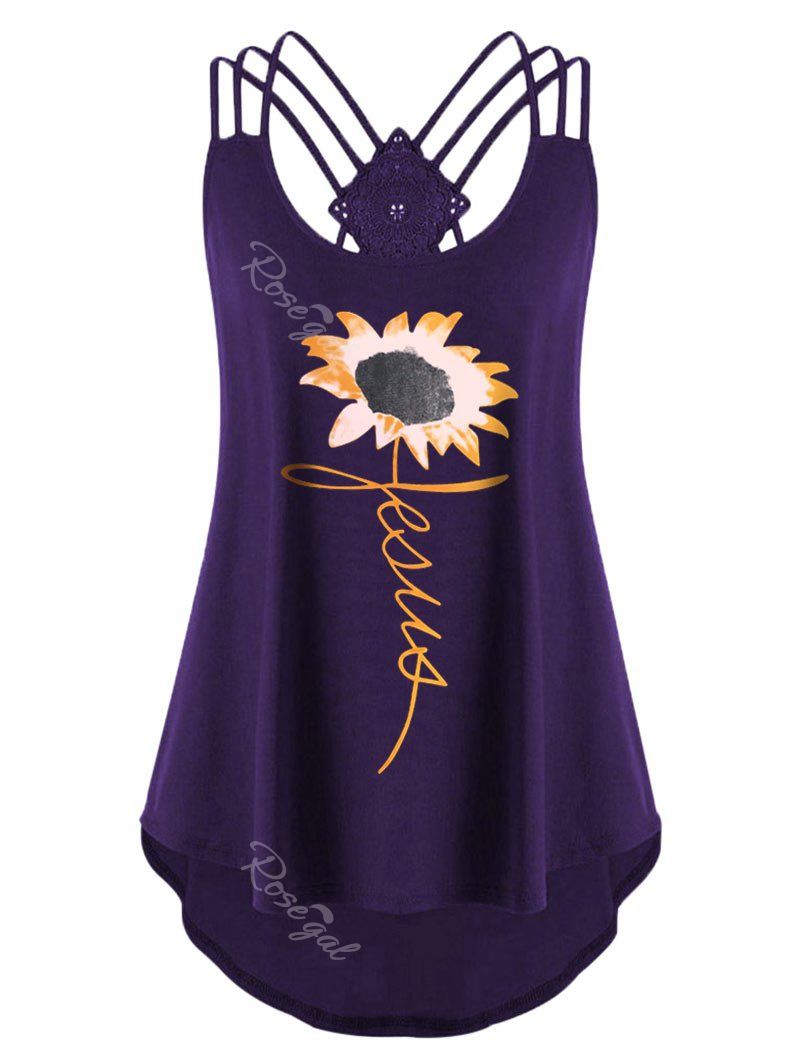 

Plus Size Sunflower Print Strappy High Low Tank Top, Purple