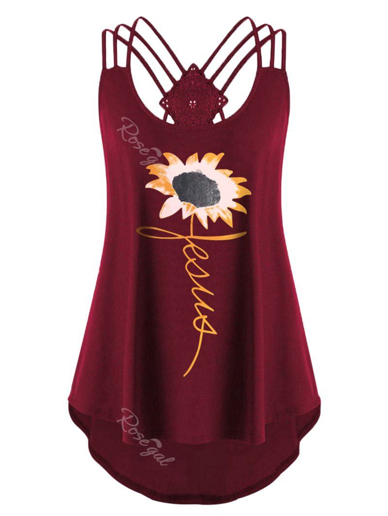 

Plus Size Sunflower Print Strappy High Low Tank Top, Deep red