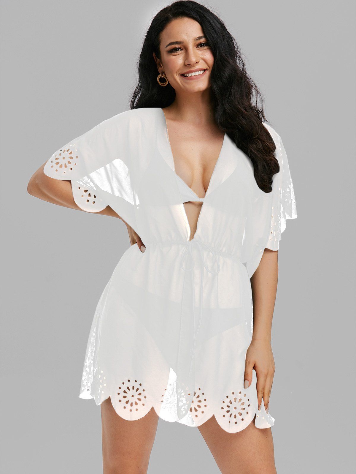 Shops Flower Openwork Drawstring Scalloped Cover-up  