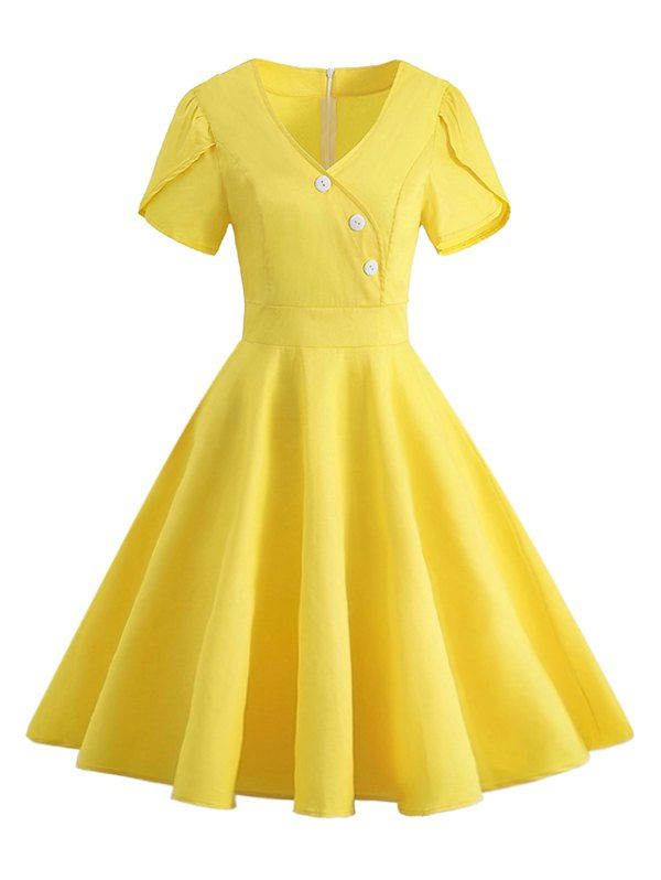 

Button Embellished V Neck Petal Sleeve Vintage Dress, Yellow