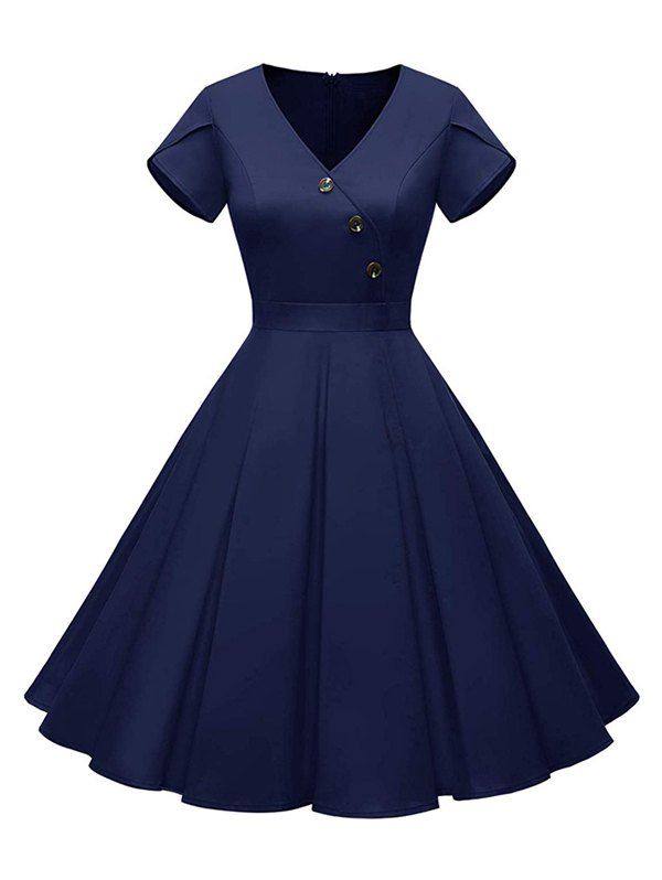 

Button Embellished V Neck Petal Sleeve Vintage Dress, Deep blue