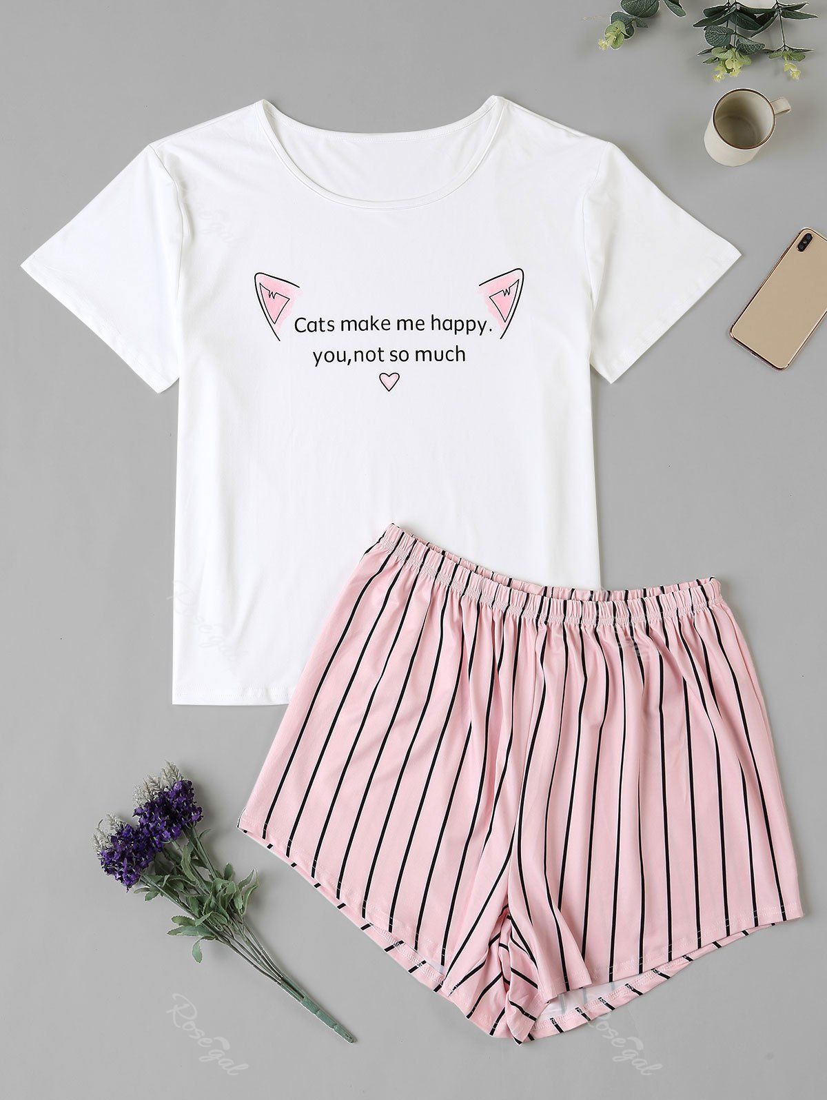

Plus Size Cat Striped Letter Graphic Pajama Shorts Set, White