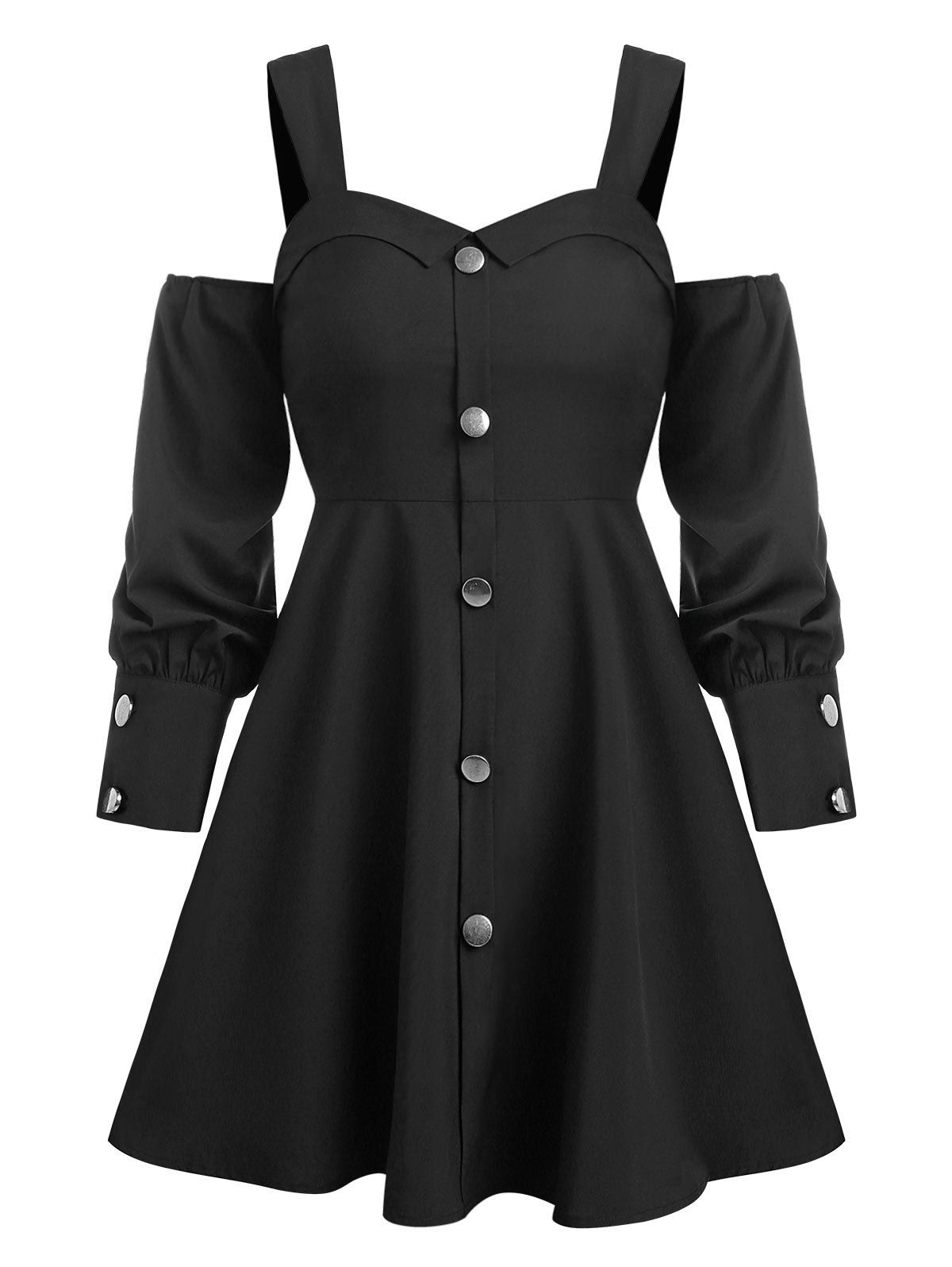 

Cold Shoulder Mock Button Flare Dress, Black