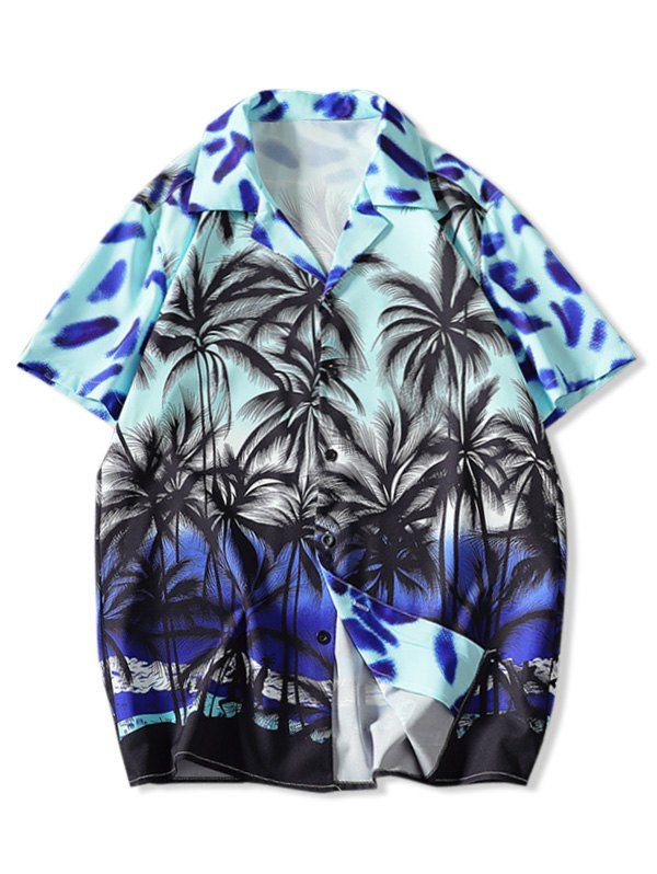 

Coconut Tree Print Notched Collar Beach Shirt, Multi-a