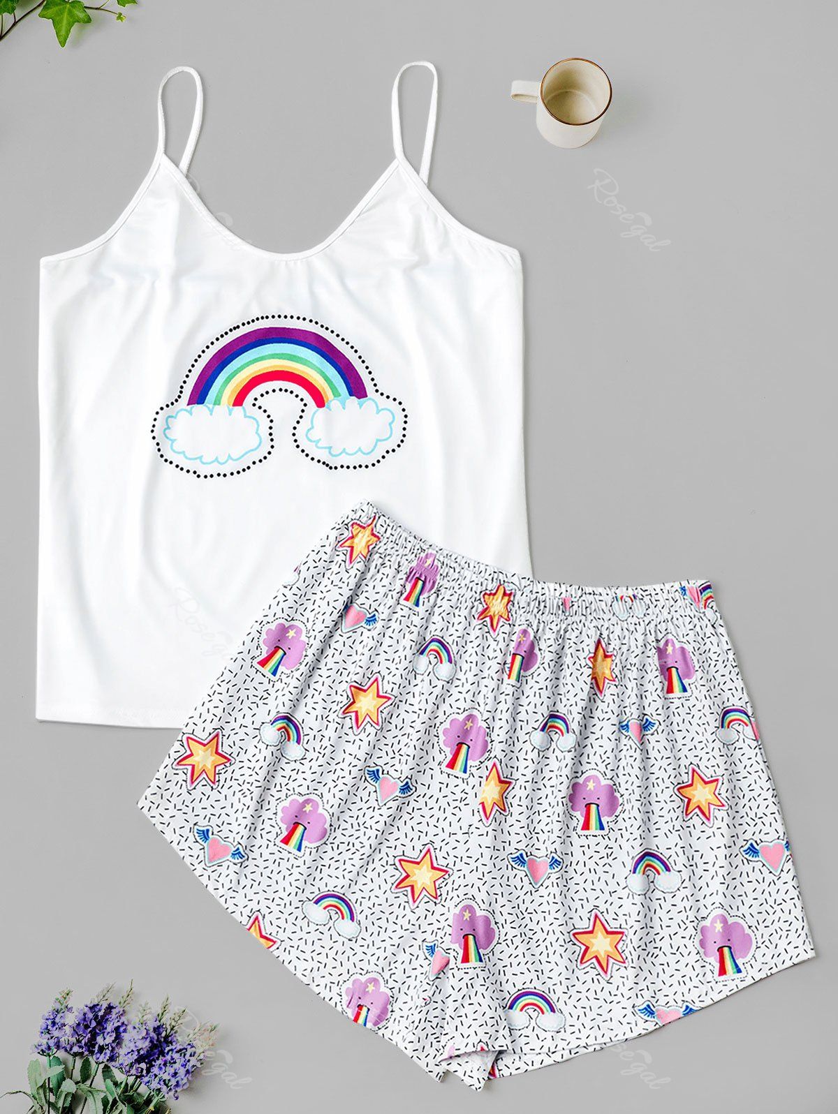 

Plus Size Cami Rainbow Print Pajama Shorts Set, White
