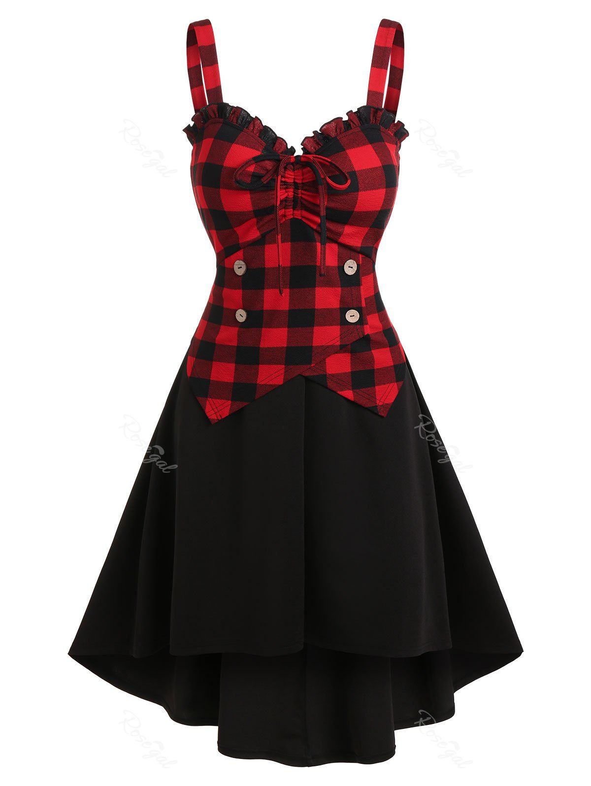 

Plaid Drawstring Button Fit And Flare Dress, Black