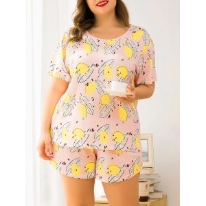 

Plus Size Leaf Print Short Sleeve Pajamas Set, Light pink