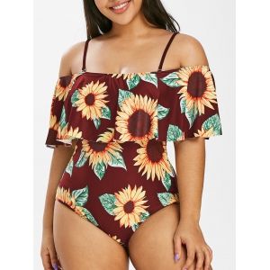 

Plus Size Ruffled Sunflower Print One-piece Swimsuit, Deep red