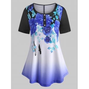 

Curved Hem Mock Buttons Floral Plus Size Tee, Blue