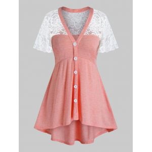 

Plus Size Lace Panel See Thru Flutter Sleeve Tunic Tee, Pink