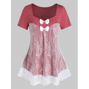 

Plus Size Lace Panel Bowknot See Thru Short Sleeve Tee, Valentine red