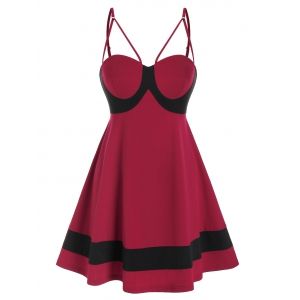 

Contrast Spaghetti Strap Flare Party Dress, Red wine