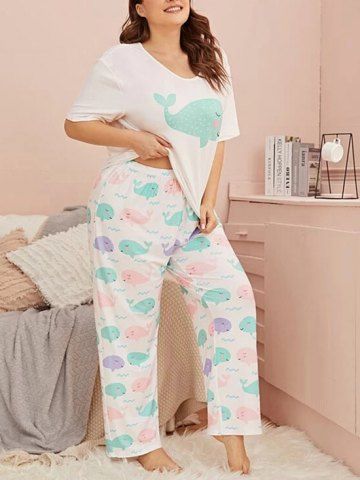 

Plus Size Funny Dolphin Print Casual Pajamas Set, White