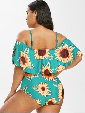 

Plus Size Ruffled Sunflower Print One-piece Swimsuit, Light green