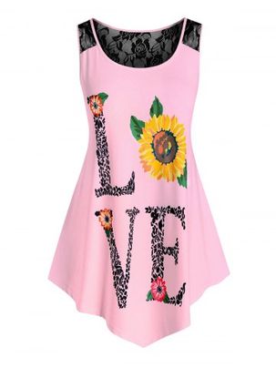 Plus Size Lace Insert Love Sunflower Print Tank Top