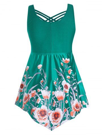 

Plus Size Floral Print Strappy Asymmetrical Tankini Swimwear, Deep green