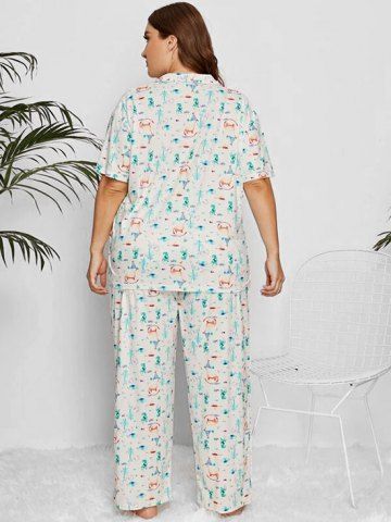 

Plus Size Funny Dinosaur Print Lapel PJ Set, White