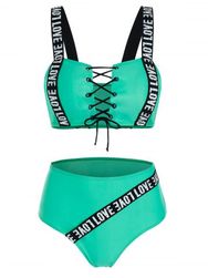 Letter Tape Print Lace-up Padded Bikini Set - GREEN