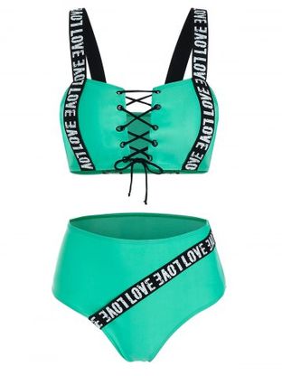 Letter Tape Print Lace-up Padded Bikini Set