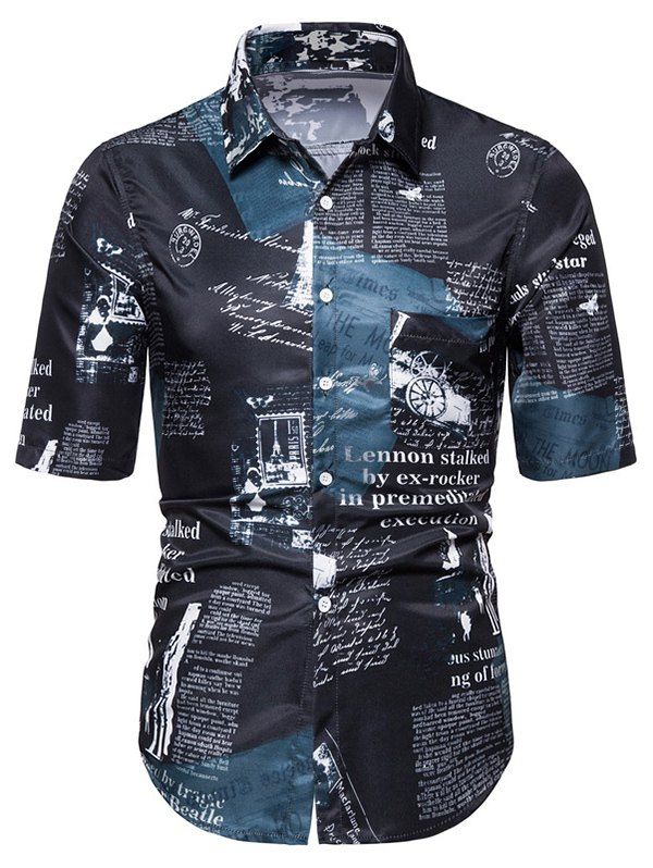 

Newspaper Graphic Print Button Up Shirt, Dark green