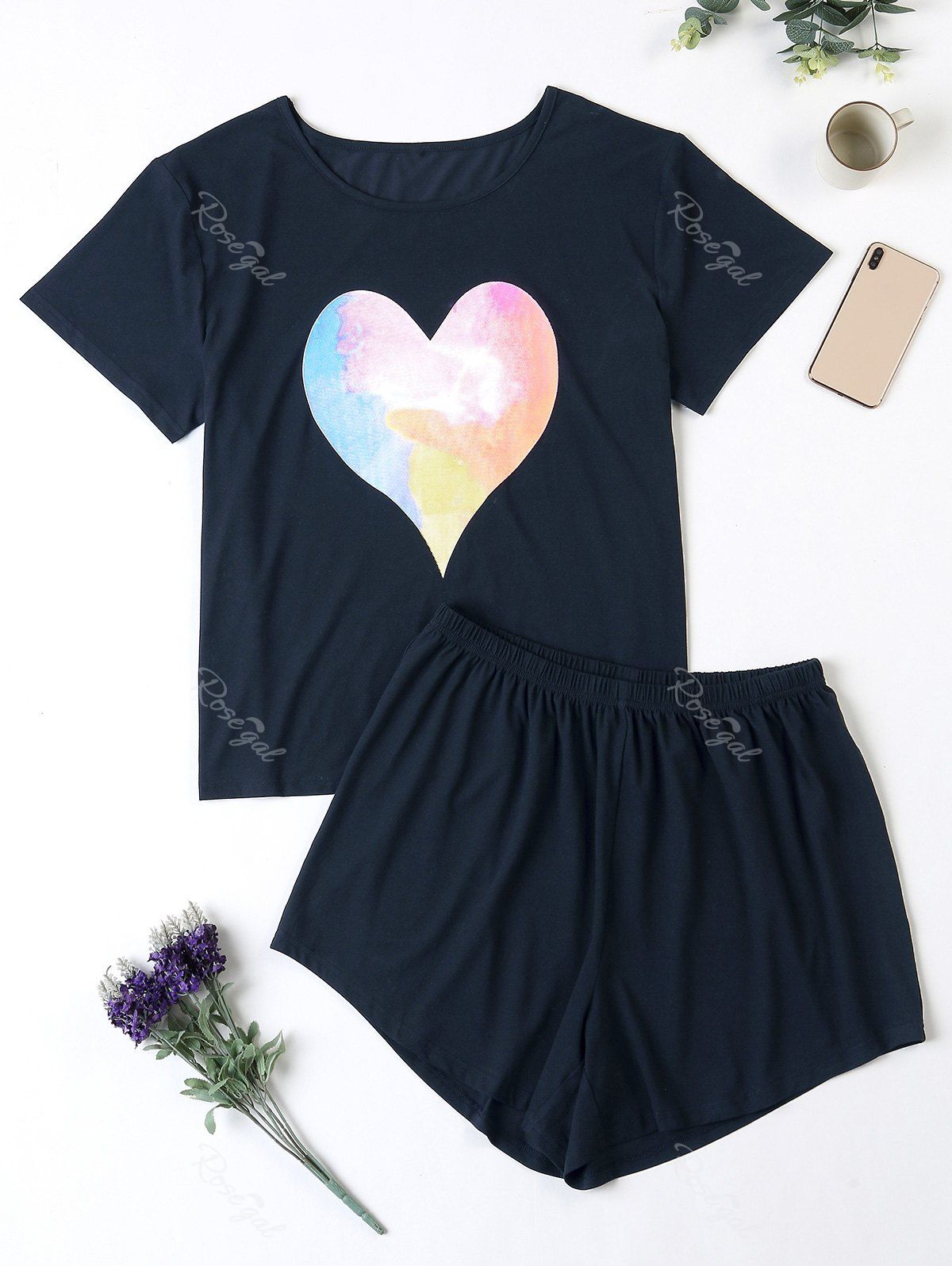 

Plus Size Heart Print Short Pajama Set, Deep blue