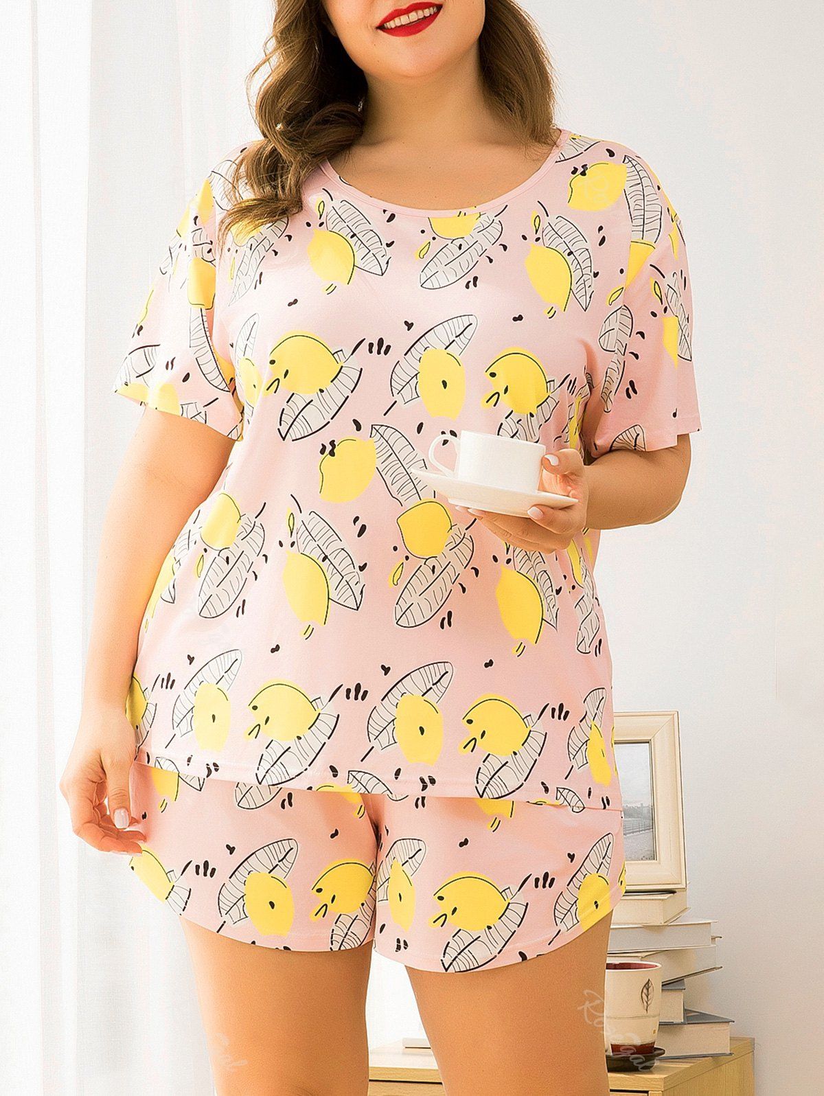 Plus Size Leaf Print Short Sleeve Pajamas Set [40 OFF] Rosegal