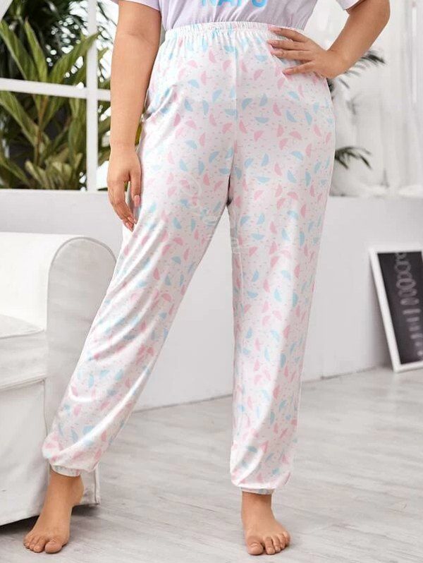 

Plus Size Umbrella Print High Waisted Pajama Pants, White