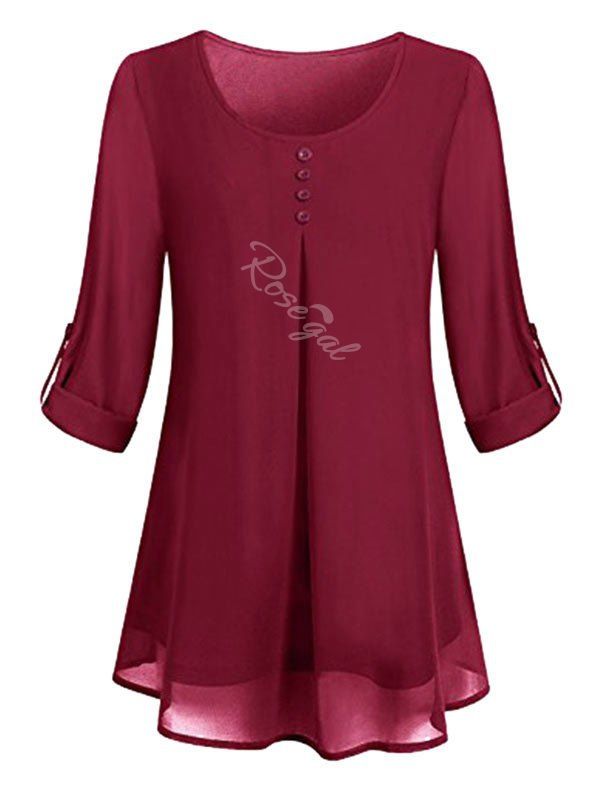 

Plus Size Lined Roll Up Sleeve Blouse, Deep red