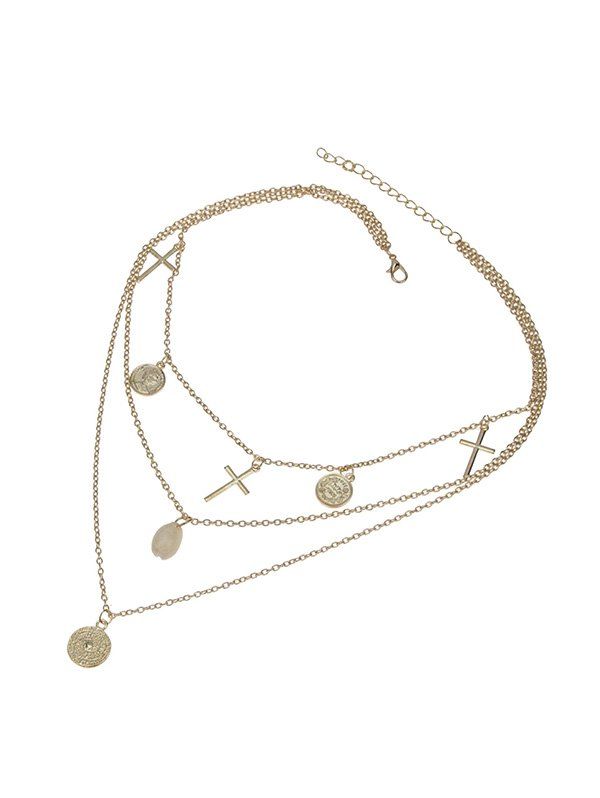 

Three Layer Cross Disk Cowrie Shell Necklace, Golden