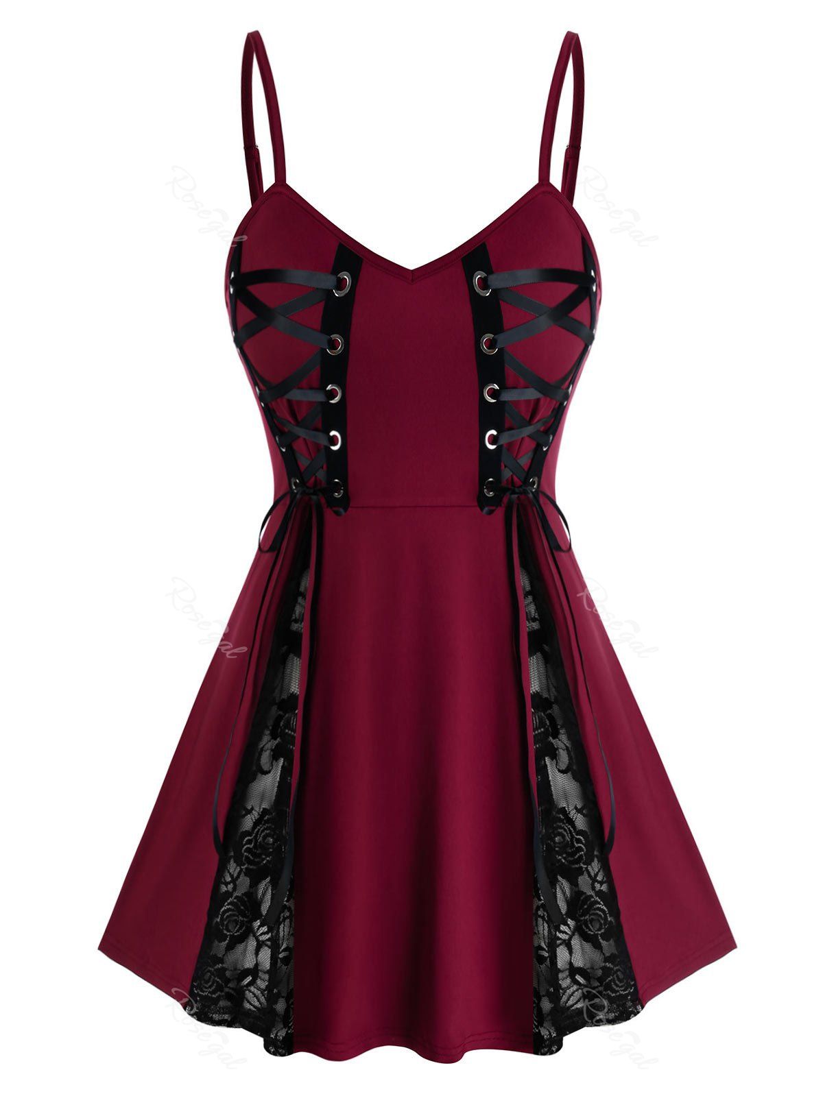 

Plus Size Punk Lace Insert Babydoll Set, Red wine