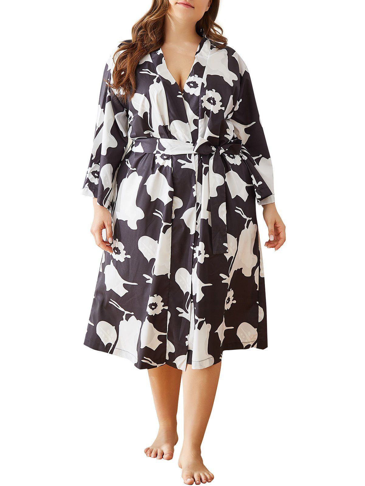 

Plus Size Printed Side Pocket Robe, Black