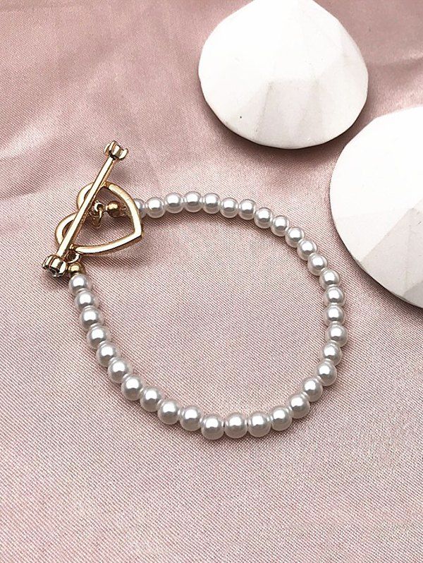 

Alloy Heart Lariat Faux Pearl Bracelet, Golden
