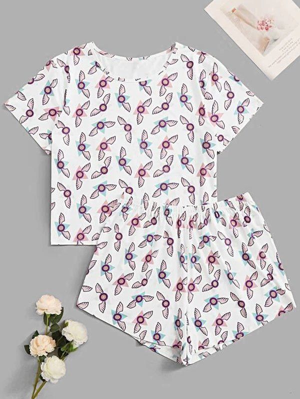 

Plus Size Wing Print Short Sleeve Pajama Shorts Set, White