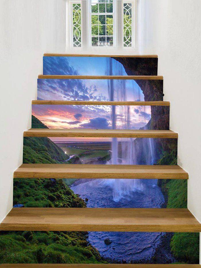 

Sunset Mountains Waterfall Pattern Decorative Stair Stickers, Multi