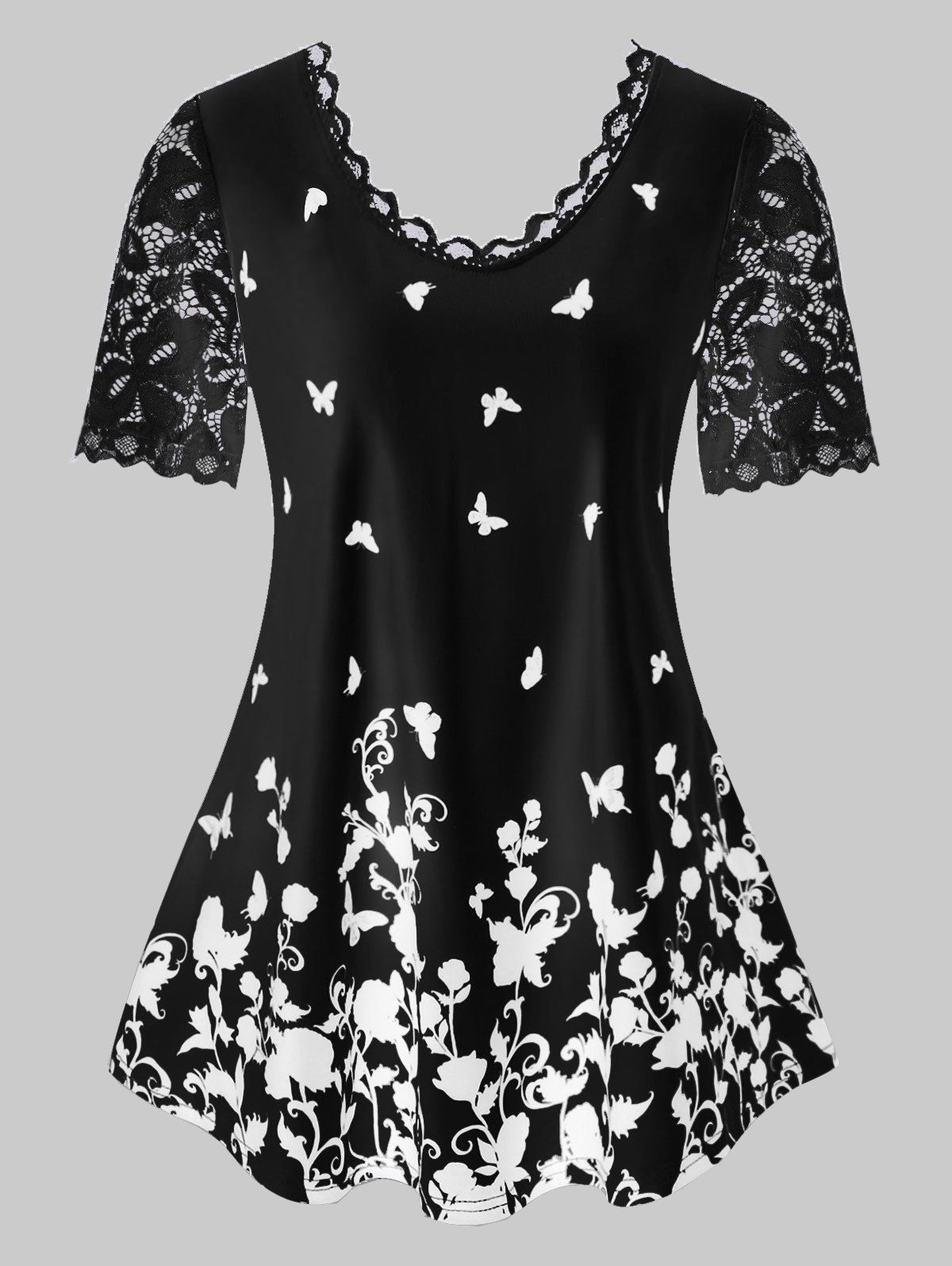 

Plus Size Butterfly Floral Print Lace Insert T Shirt, Black