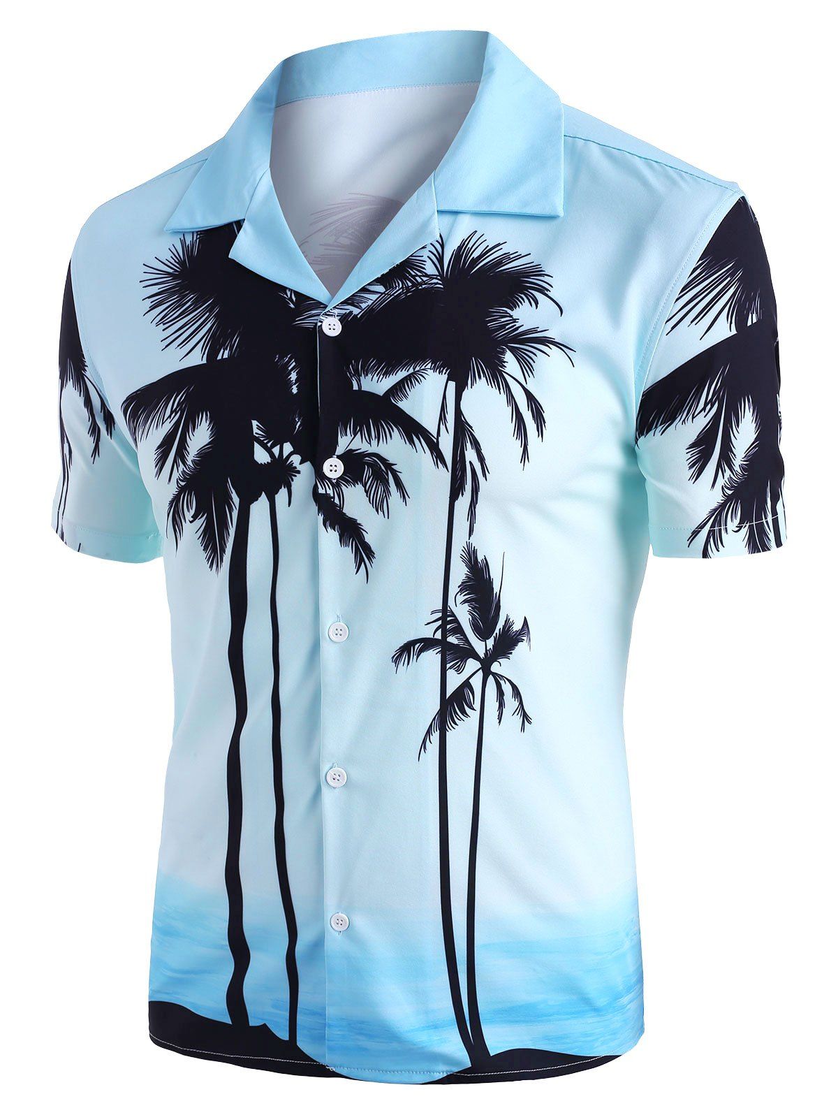 

Coconut Tree Print Notched Collar Beach Shirt, Day sky blue