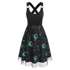 

Lace Insert Sun Moon Star Print Criss Cross Dress, Black