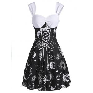 

Sun Moon Star Print Ruched Lace Up Dress, White