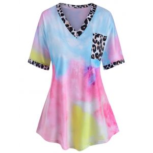 

Leopard Panel Front Pocket Tie Dye Plus Size Tee, Light blue