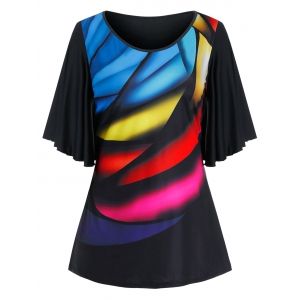 

Plus Size Colorful Print Butterfly Sleeve Tunic Tee, Black