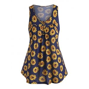 

Plus Size Sunflower Print Henley Tank Top, Deep blue