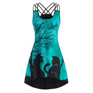 

Tree Cat Print Crisscross Grommet Dip Hem Dress, Green