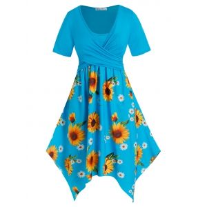 

Plus Size Sunflower Print Handkerchief Crossover Midi Dress, Blue