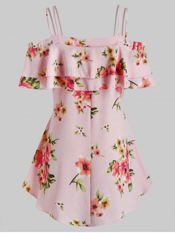

Plus Size Floral Cold Shoulder Lace Up Ruffled Blouse, Pink